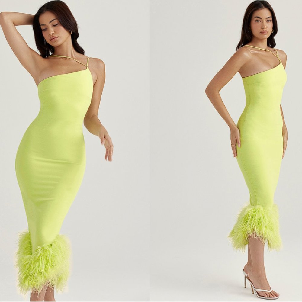 House of CB ‘Alessia’ Lime Feathered Midi Dress NWOT